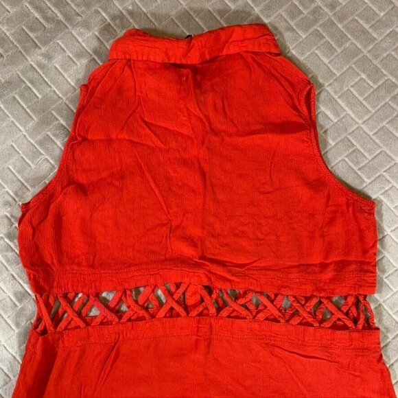 Luca Couture Womens Large Blouse Red Collared Button Up Gauzy Rayon Sleeveless - Picture 9 of 10